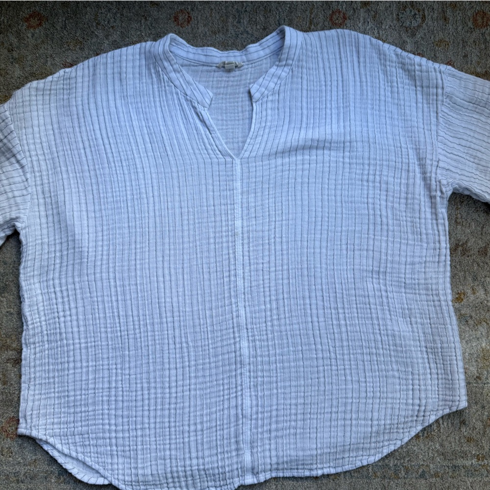 Eileen Fisher White Textured Top with Black Pinstripes